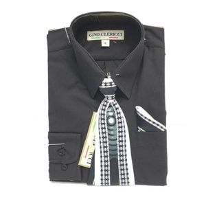Gino Clericci Boys Black Dress Shirt Silver Black Tie Hanky Set Sizes 4 - 10